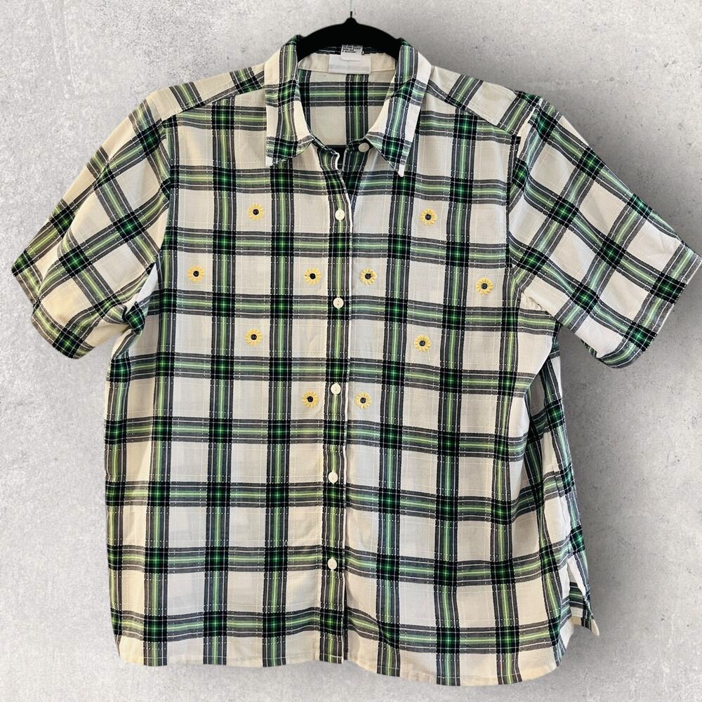 Alfred Dunner Womens Top 18 Green Plaid Button Up Shirt Short Sleeve Embroidered